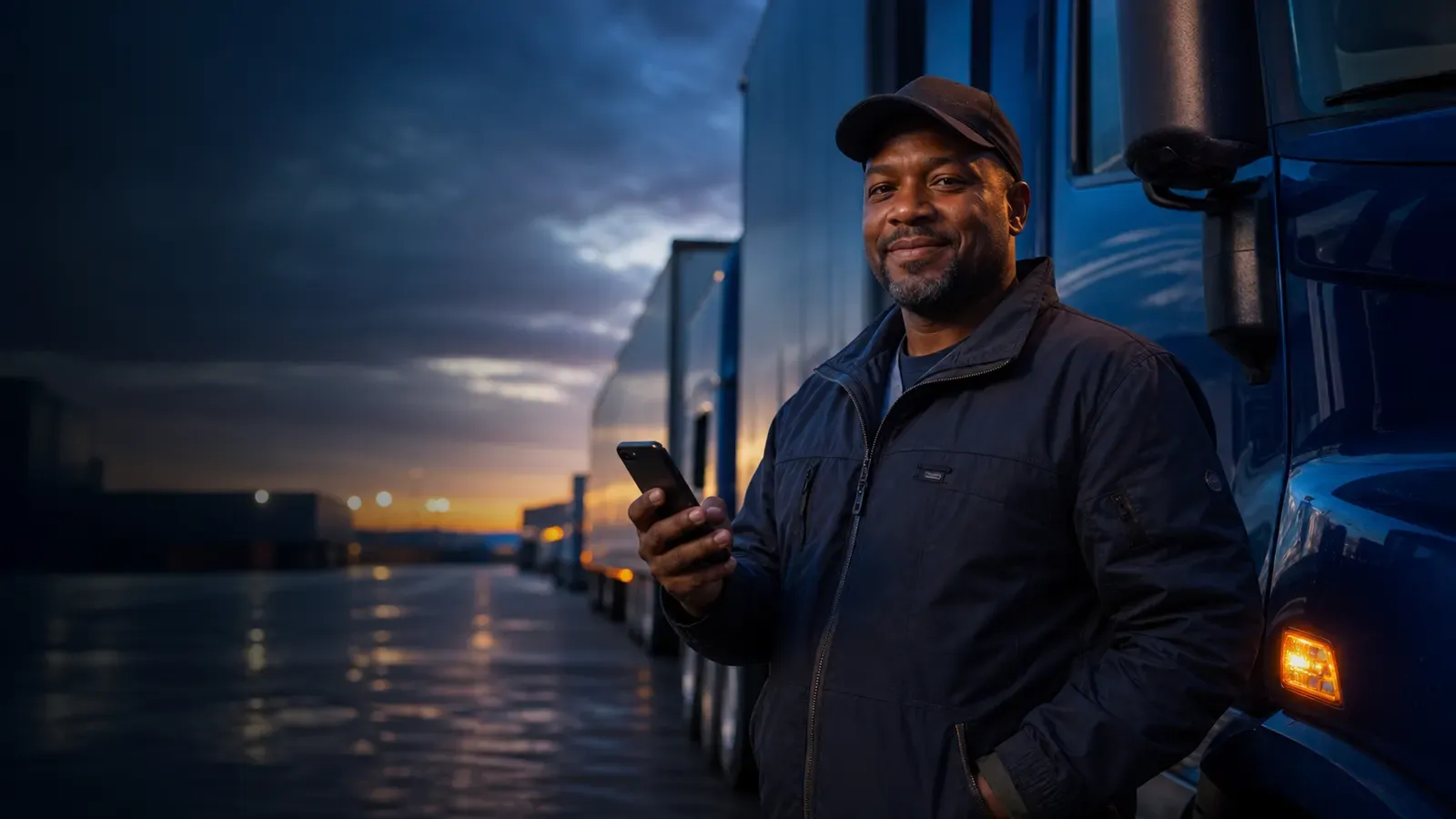 A professional truck driver beside the cab at a depot at dawn