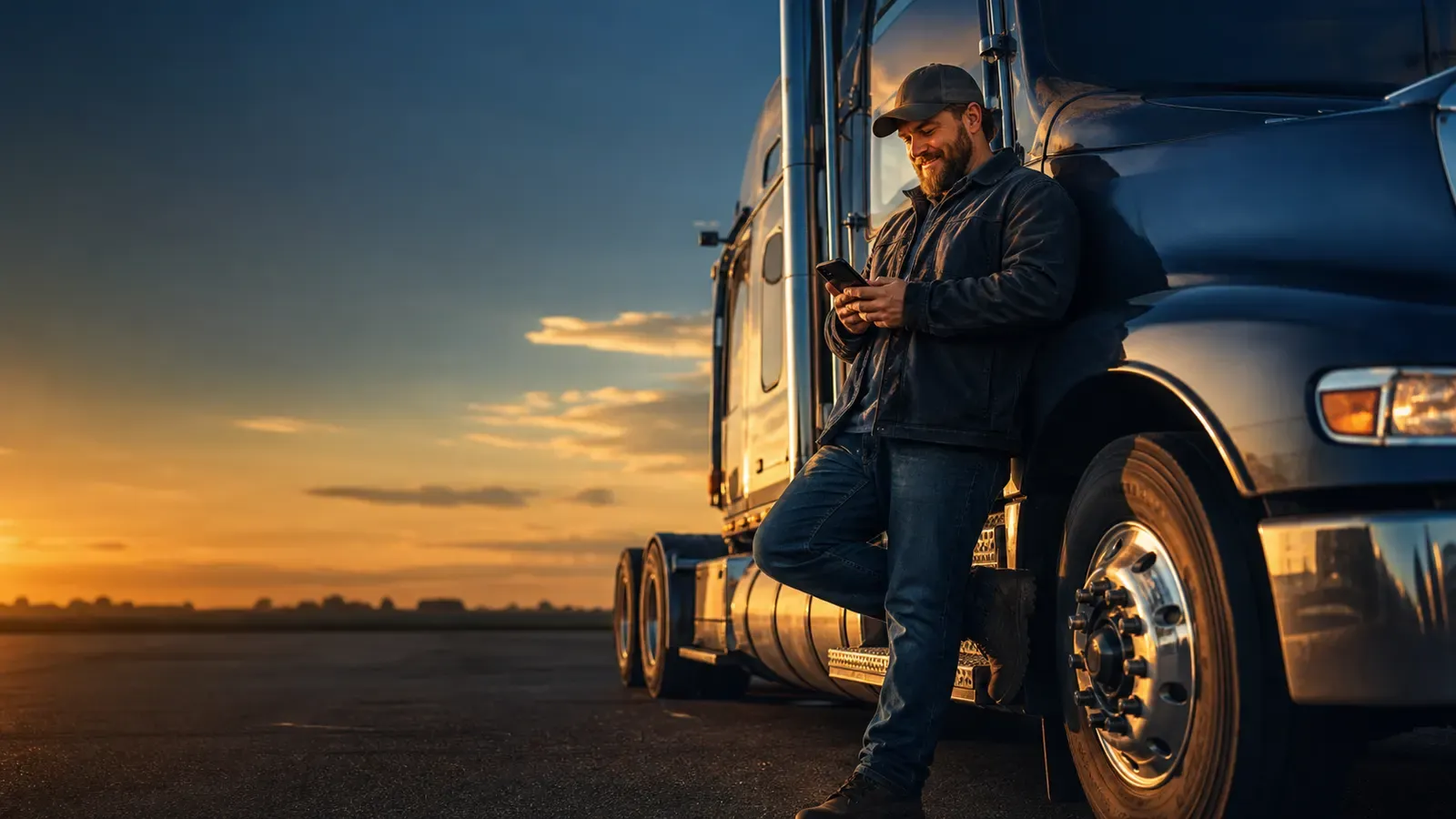 A truck driver checking earnings on his phone at sunset, satisfied after a week's work