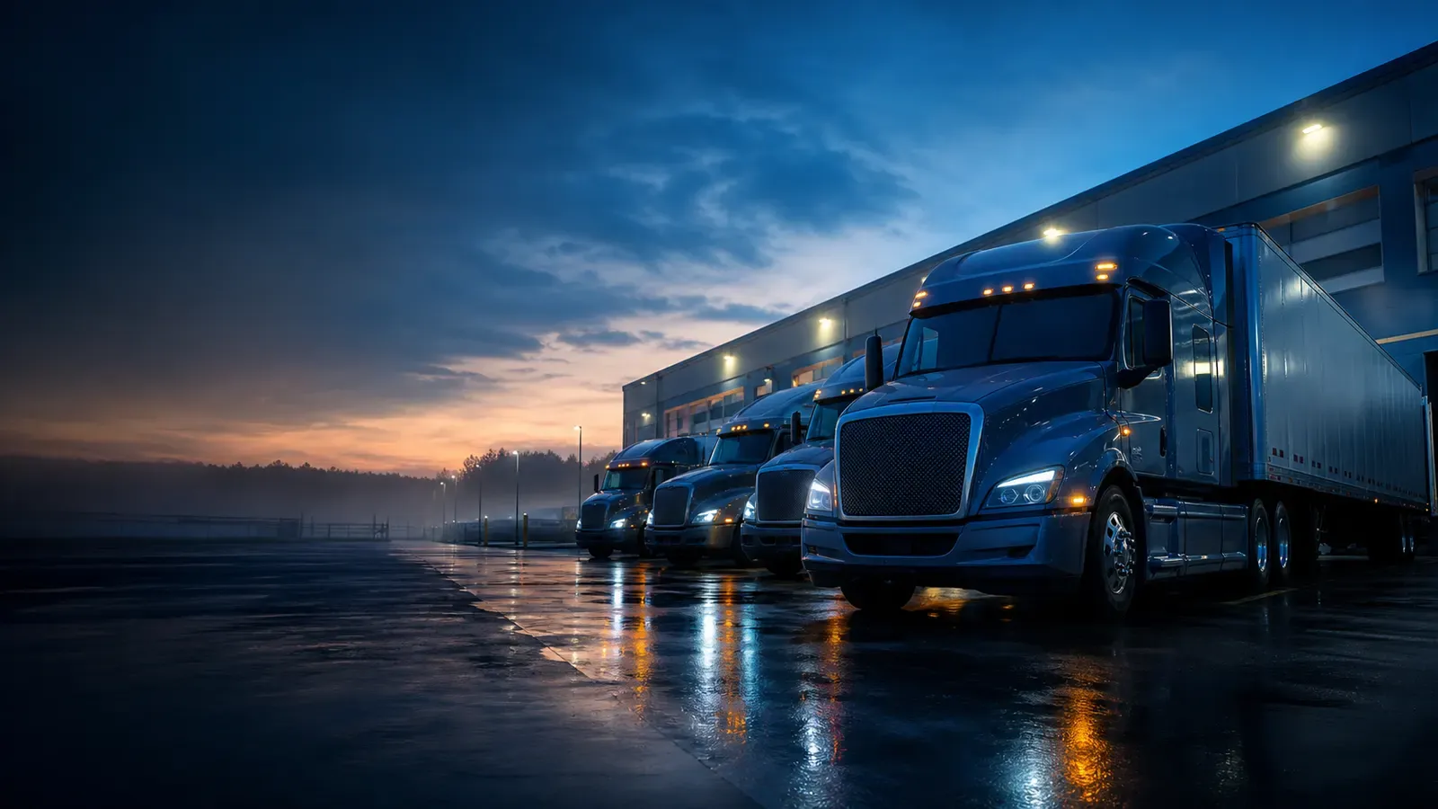 A carrier's fleet of semi-trucks lined up at a logistics depot at dawn
