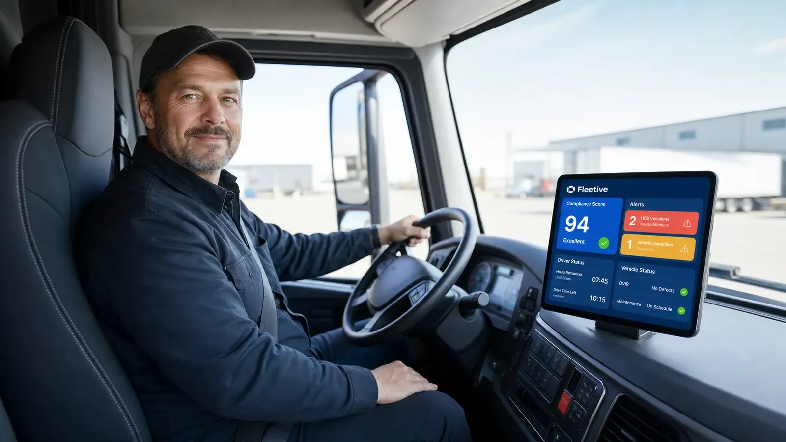 Modern truck cab dashboard showing live compliance and alerts
