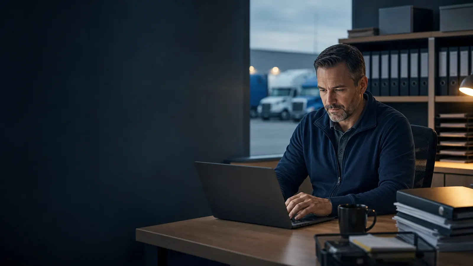 A fleet safety manager reviewing organized records at a desk