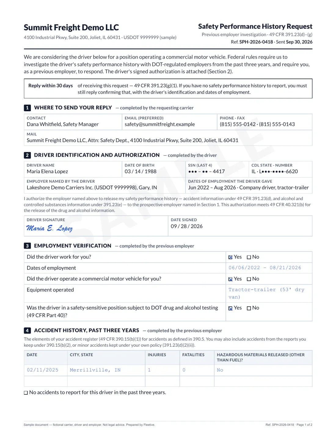 Page 1 of a sample Safety Performance History Request: the requesting carrier&#x27;s contact details, the driver&#x27;s identification and signed authorization, the previous employer&#x27;s employment verification, and a three-year accident table