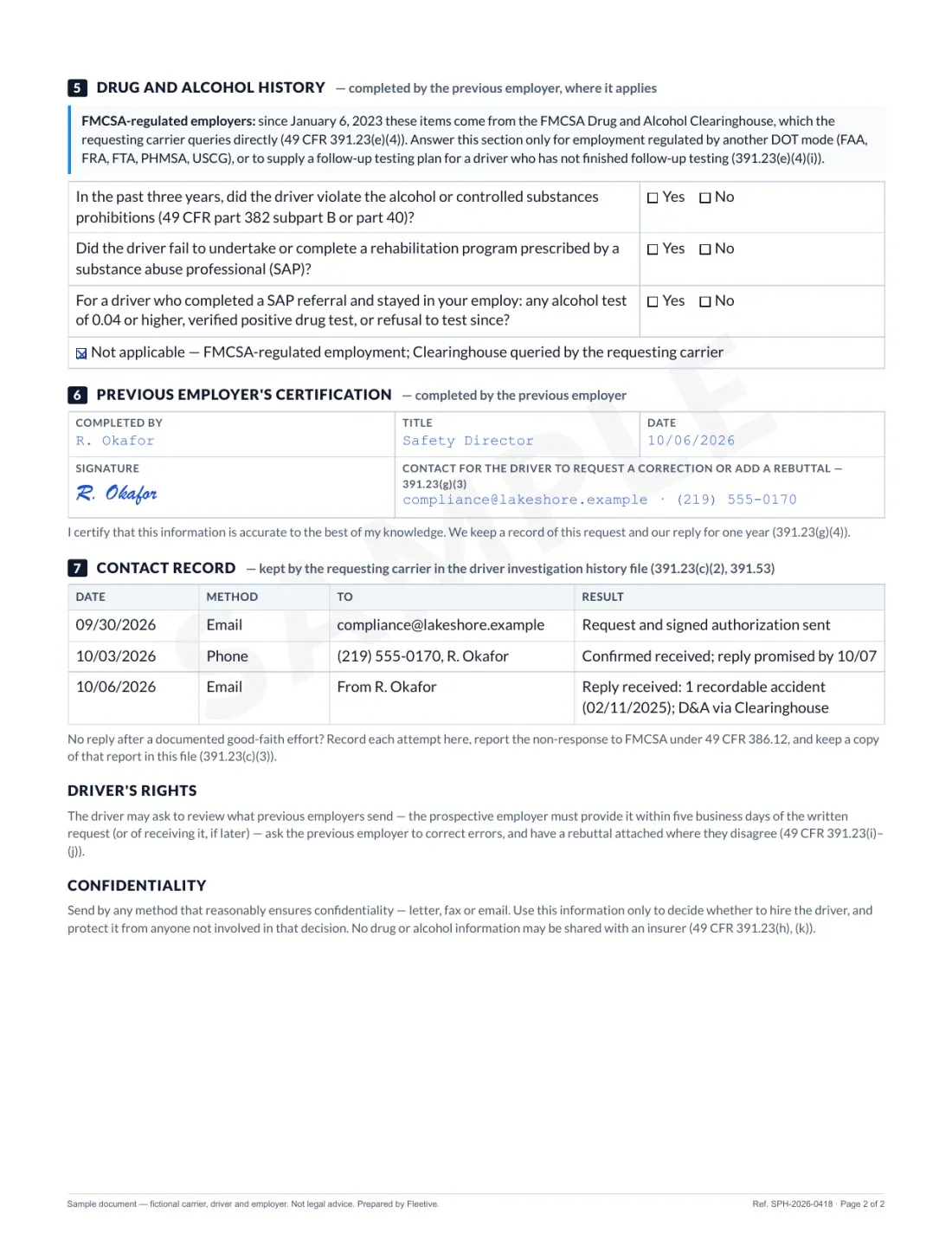 Page 2 of the sample request: drug and alcohol history marked not applicable because the Clearinghouse was queried, the previous employer&#x27;s signed certification with a contact for corrections, and the requesting carrier&#x27;s dated contact record